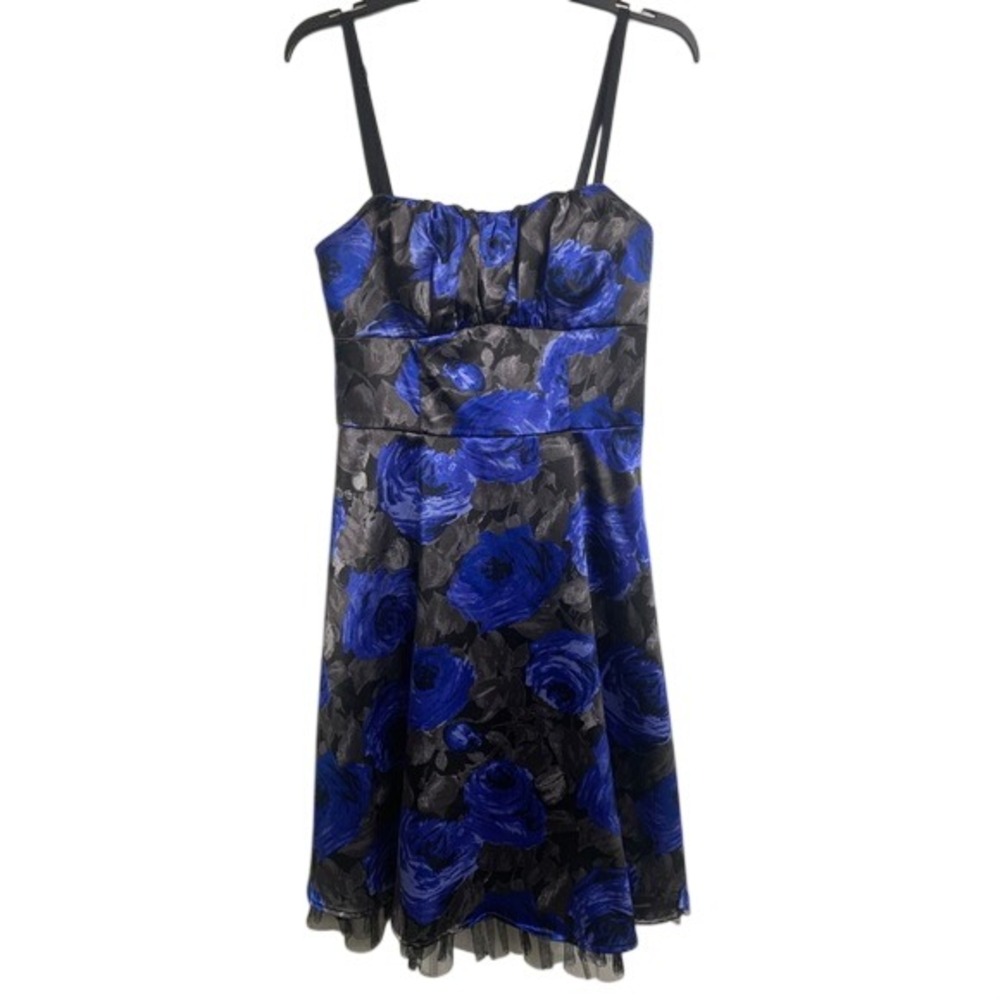 Dressbarn Collection‎ Blue Floral Satin Fit Flare Cocktail Dress 8 Rose Print